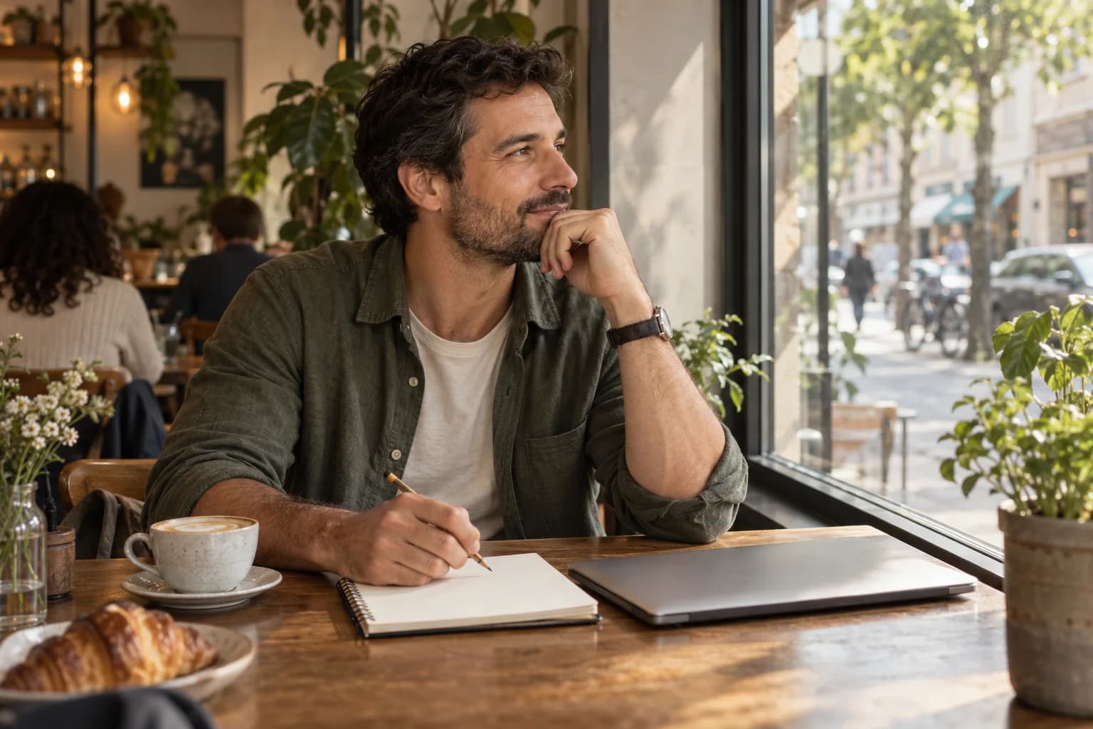Homem com caderno e notebook fechado aproveitando uma pausa em um café
