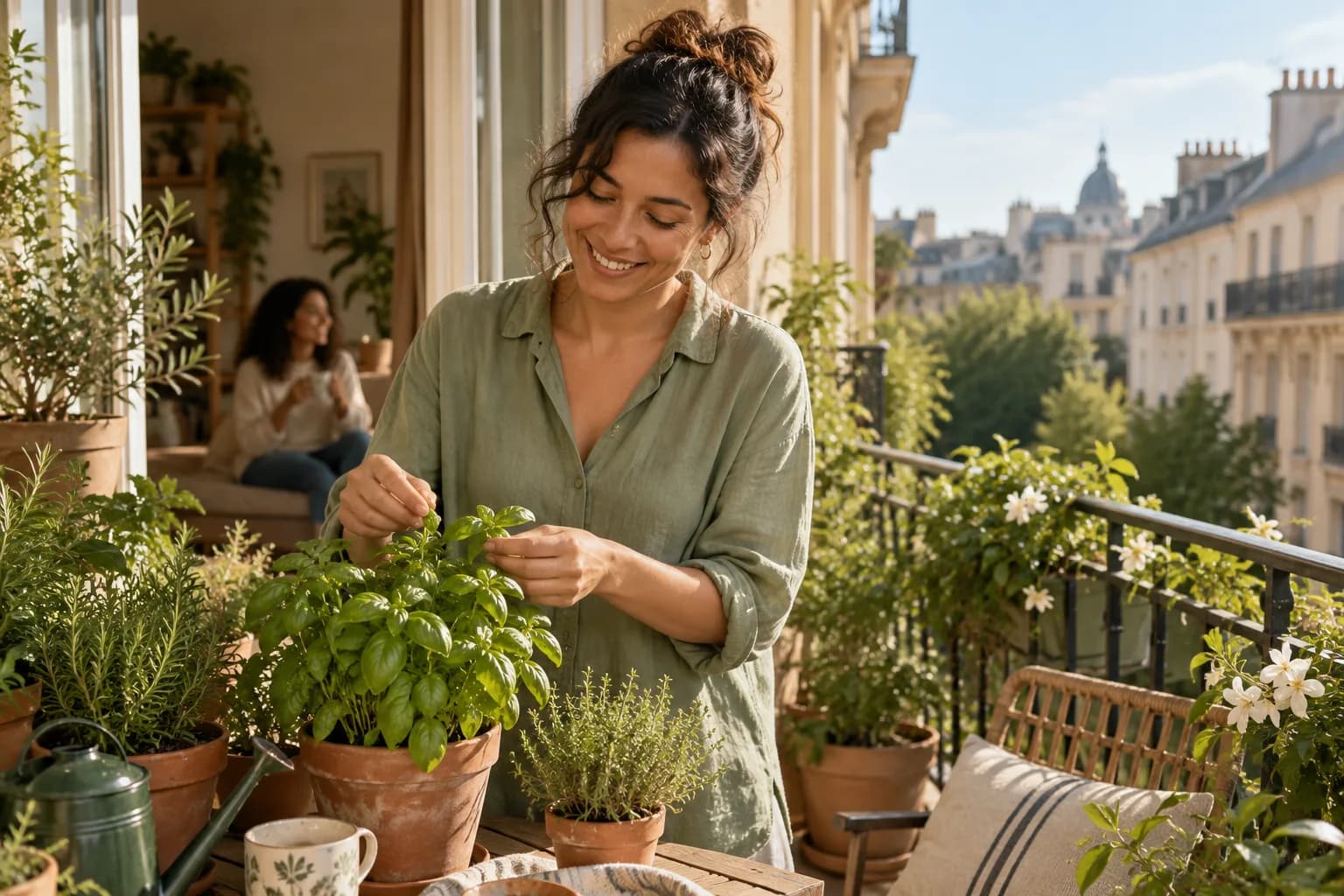 Mulher sorrindo enquanto cuida de plantas na varanda de um apartamento em uma cidade
