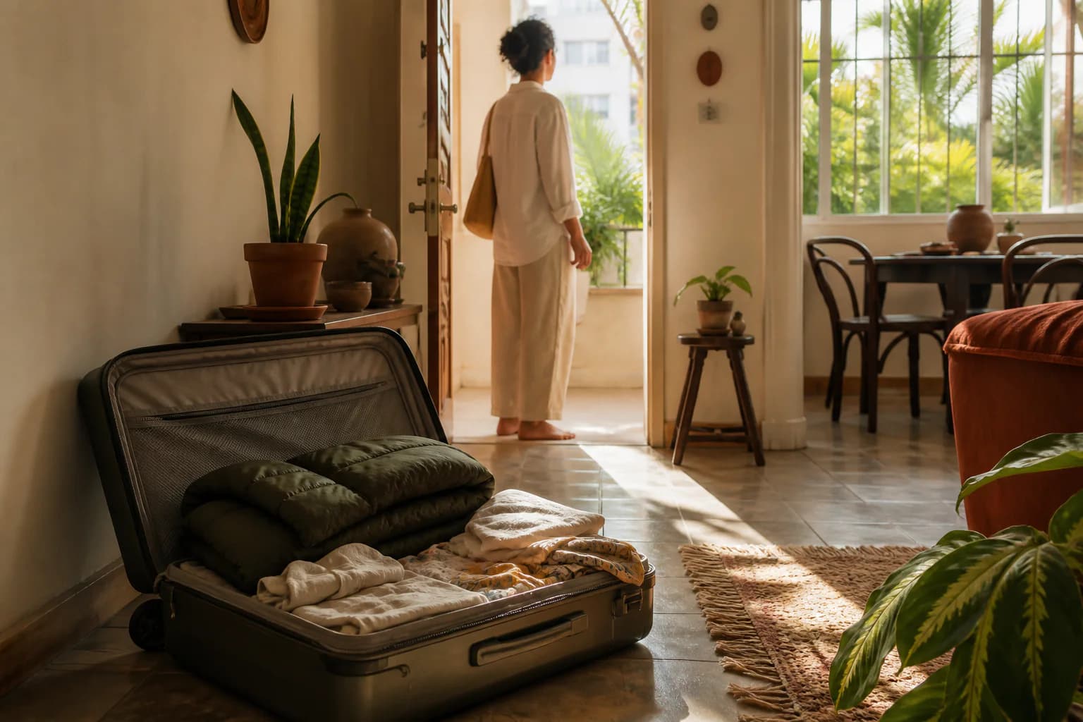 Mala aberta em um apartamento brasileiro com pessoa recém-chegada ao fundo