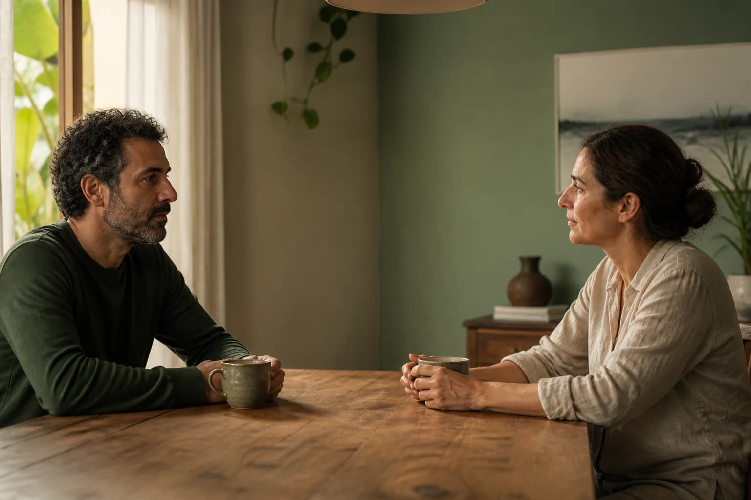 Duas pessoas adultas conversando com espaço e atenção entre elas
