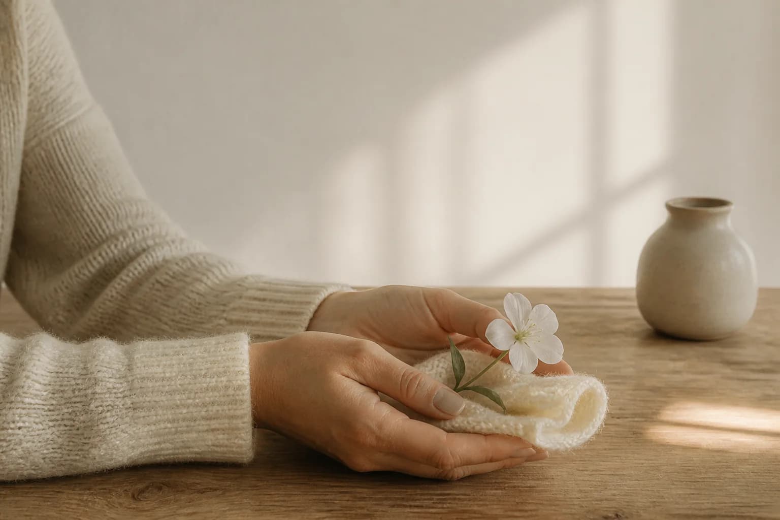 Mãos segurando uma flor branca sobre tecido claro, imagem simbólica de cuidado e luto