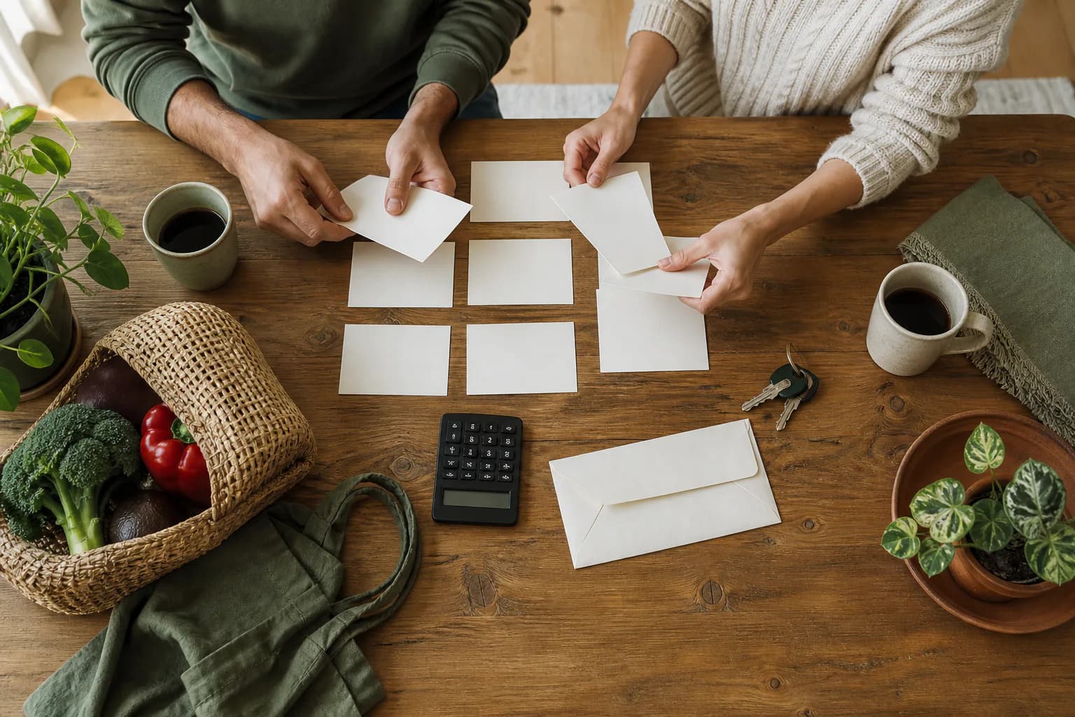 Duas pessoas dividindo cartões de planejamento, compras e finanças em uma mesa