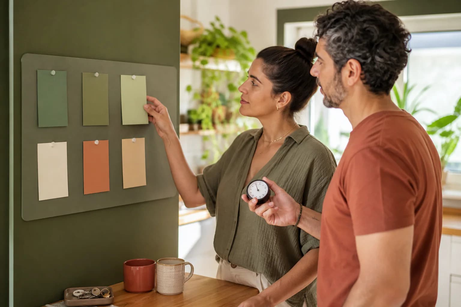 Casal adulto montando em conjunto um quadro visual de rotina sem texto